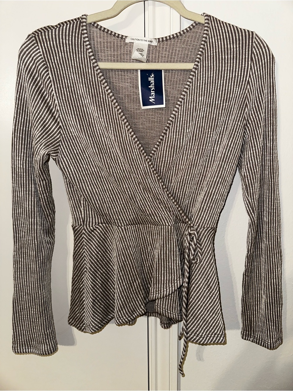 Marshalls Khaki & White Striped Wrap Peplum Blouse